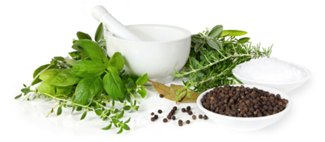 herbs with pestle and mortar